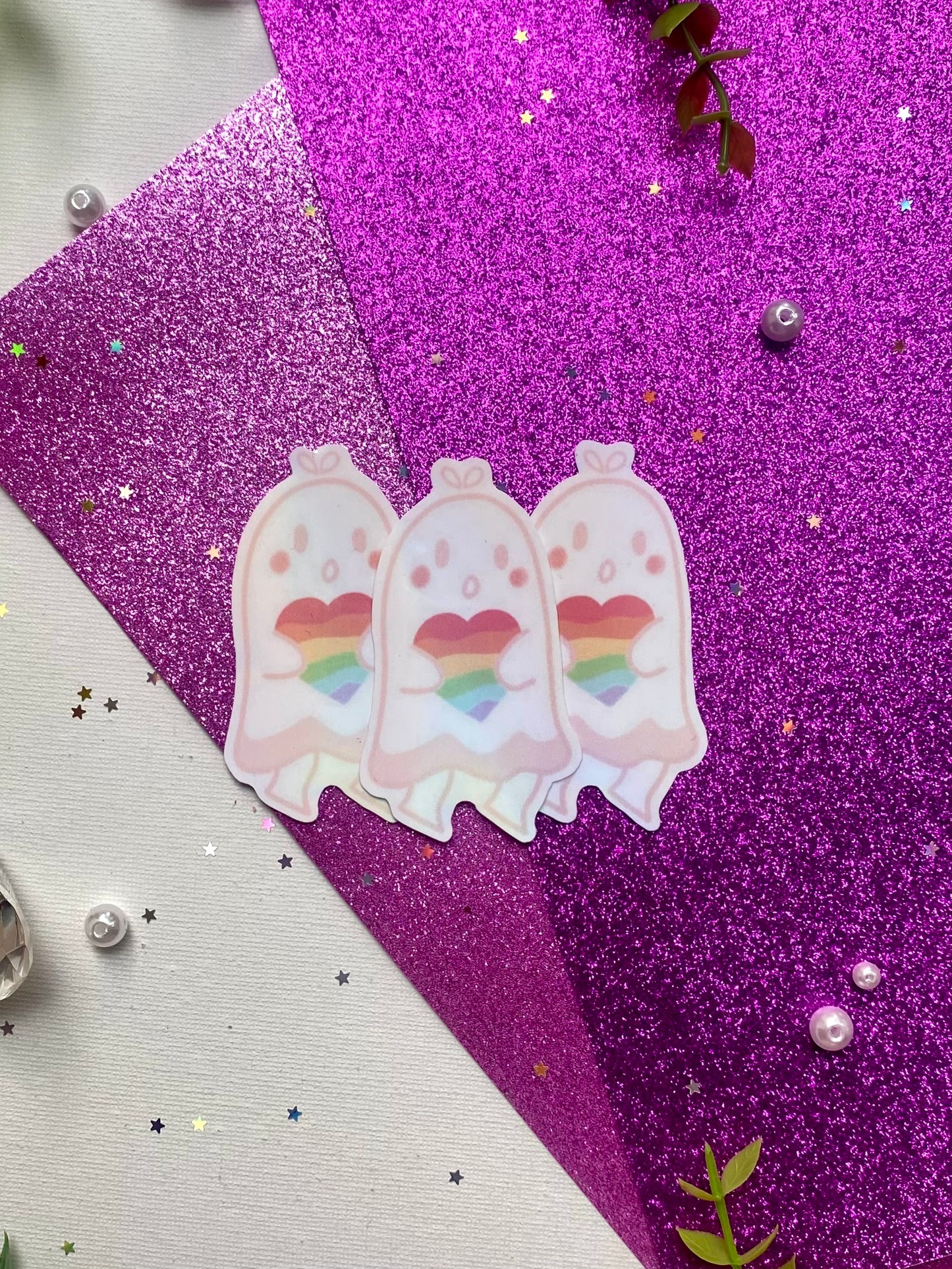 Holographic Rainbow Heart Ghost Sticker