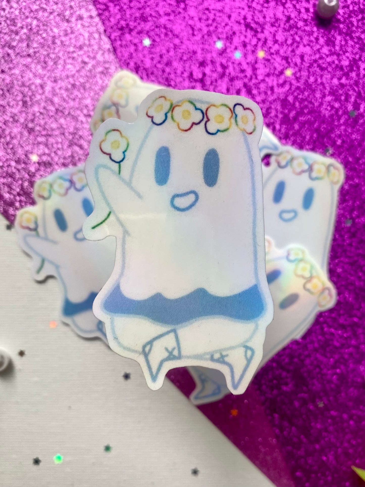 Holographic Flower Crown Ghost Sticker