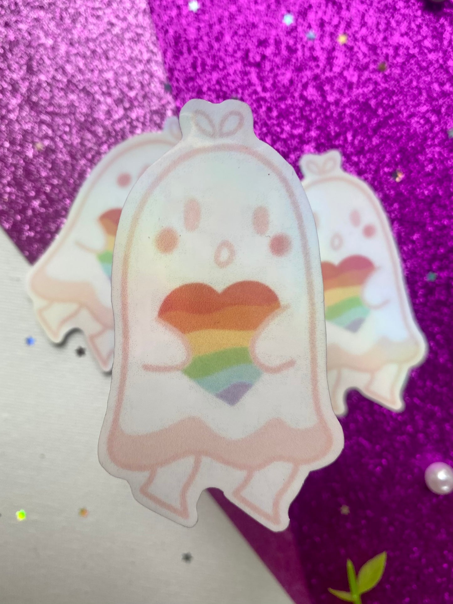 Holographic Rainbow Heart Ghost Sticker